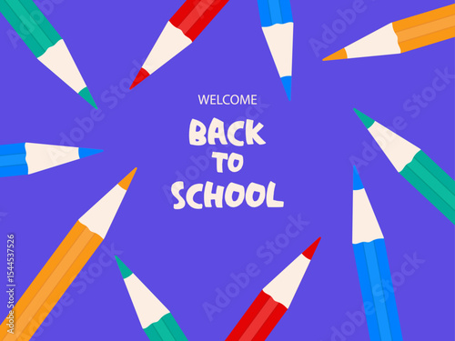 Multicolored pencils and text back to school on a lilac background. Vector illustration. Bright horizontal background. Festive banner for sale and discount. Rectangular flyer.
