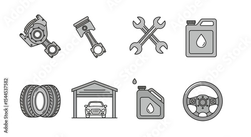 Set of thin line automotive icons in black outline style
