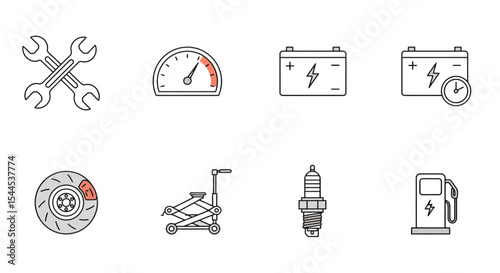 Set of thin line automotive icons in black outline style