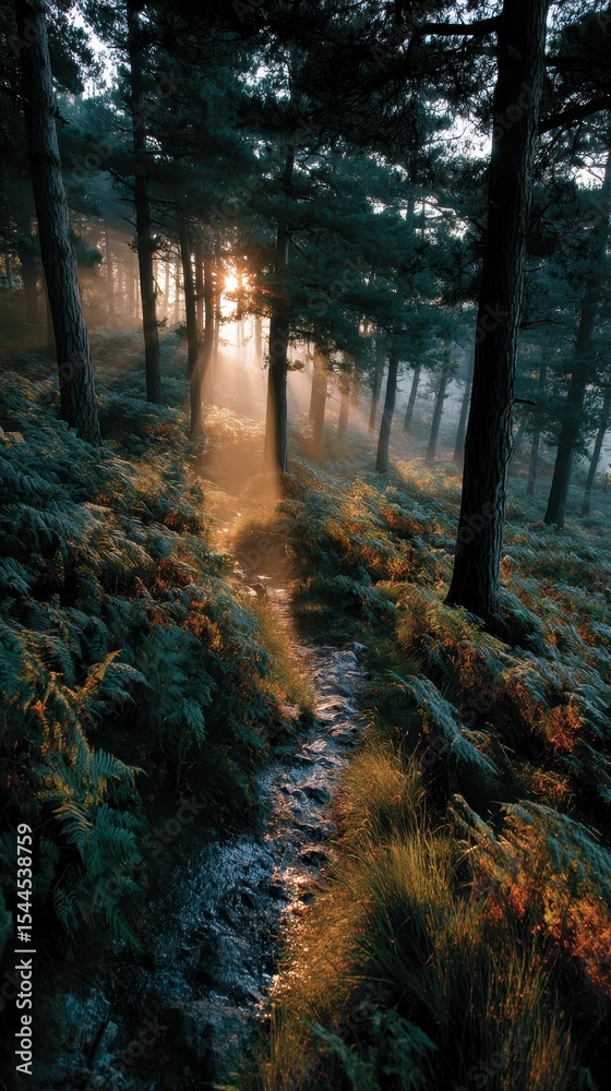 Fototapeta premium A serene forest path illuminated by soft sunlight filtering through tall trees and dense foliage.