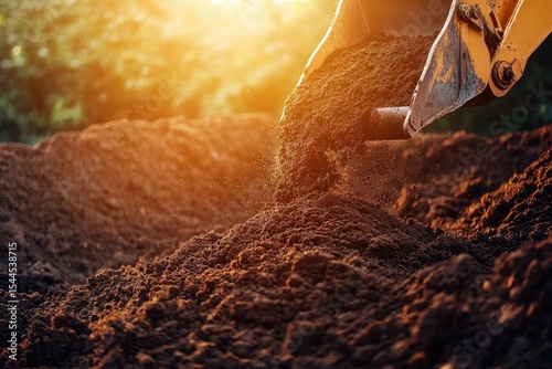 High Definition Picture of a Backhoe is Spilling Soil on a Pile on Construction Site