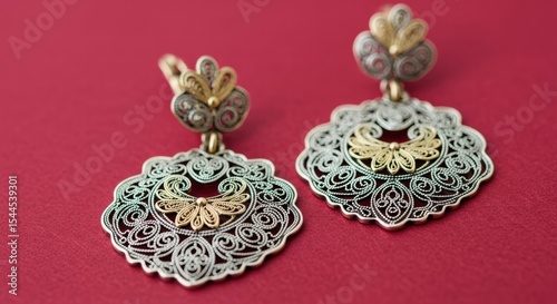 Bali Filigree Earrings on Crimson Red Fabric photo