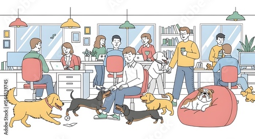 Dogs in the Office Illustration | Diverse Group of People Working with Their Canine Companions in a Modern Open Space for Pet-Friendly Workplace Concepts and Corporate Wellness