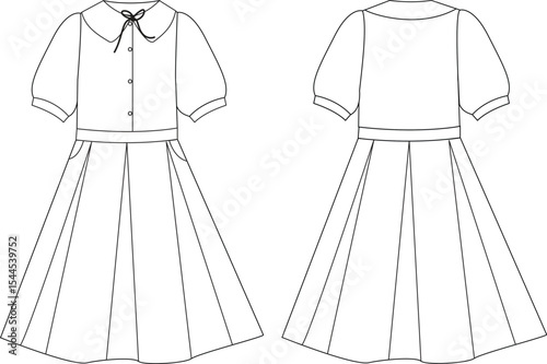 Flat Sketch of Girls’ Pleated Dress with Puff Sleeves – Technical Drawing Front and Back View