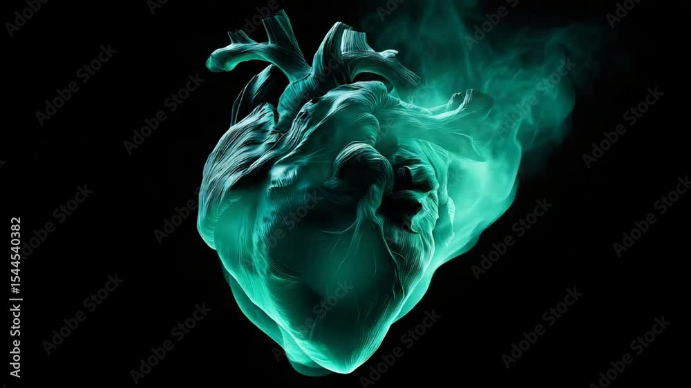 Abstract heart illustration with smoke effect in turquoise tones over black backdrop