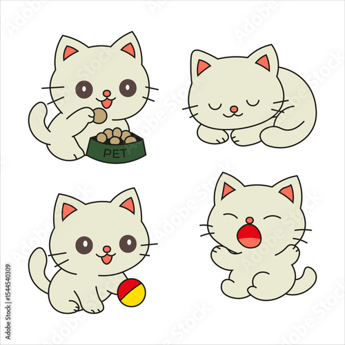 Cartoon Cats Set Eating Sleeping Playing and Yawning Cute Kittens