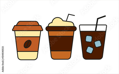 Three Stylized Coffee and Iced Drinks in Disposable Cups and a Glass