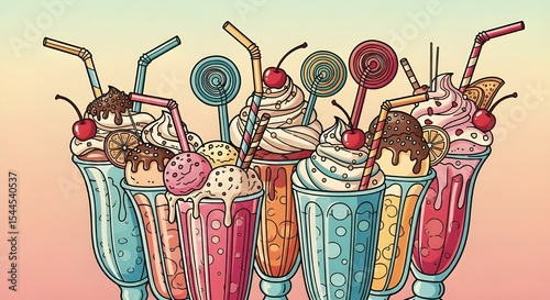 Milkshake Illustration with Cream, Cherries, and Candy Toppings | Colorful Hand-Drawn Desserts for Menu Design, Party Invitations, and Sweet Treats Marketing