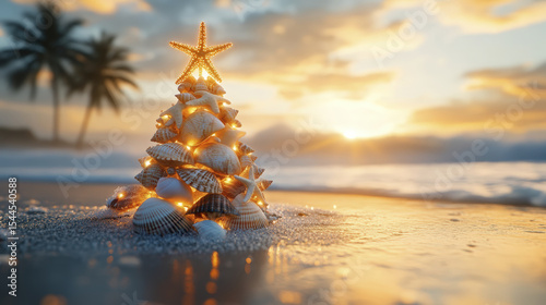 A starfish tops a seashell tree aglow on sand near the ocean at sunset