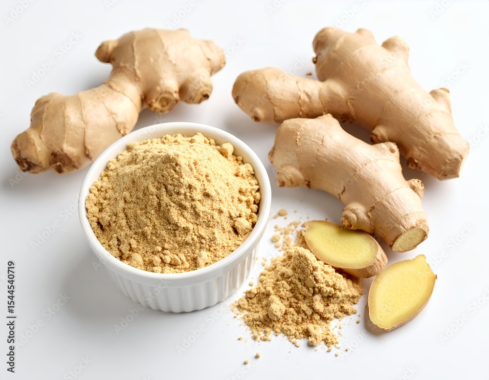 Fototapeta premium Elevated view of whole and pulverized ginger root with slices arranged on white background