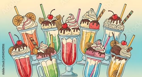Assorted Milkshake Illustrations with Whipped Cream, Cherries and Candy | Colorful Summer Drink Designs for Menu, Poster, and Food Marketing