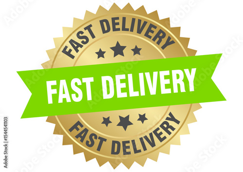 fast delivery. fast delivery round green and gold label isolated on transparent background