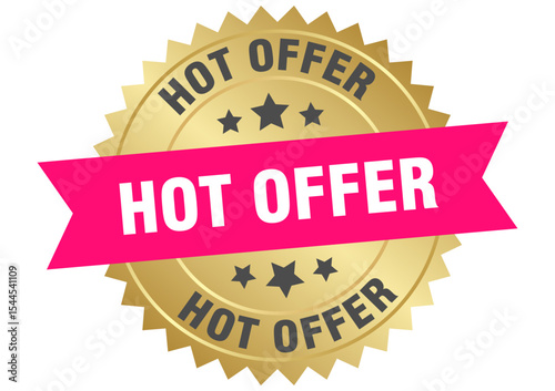 hot offer. hot offer round pink and gold label isolated on transparent background