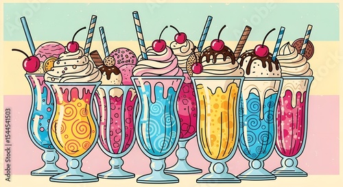 Variety of Milkshakes with Cherries and Whipped Cream | Colorful Retro Style Dessert Drinks for Menu Illustrations, Food Blog Graphics and Summer Social Media Posts