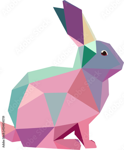 A sitting lagomorph shape rendered in pastel triangular facets radiates gentle charm within a crisp vector frame.
