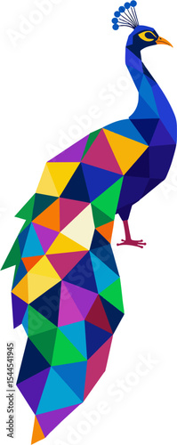 A fanned‑tail silhouette of jewel‑toned triangular facets exudes regal display in a clean vector icon.