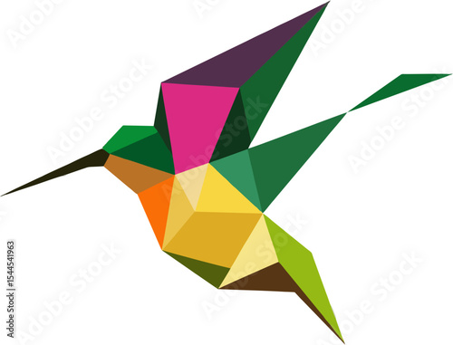 A hovering bird silhouette of vivid triangular facets captures vibrant motion in a flat‑vector style.