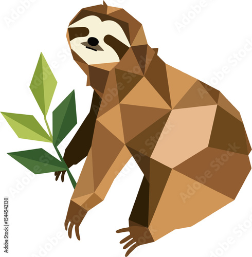 A relaxed sloth form of muted triangular facets evokes gentle calm in a flat‑vector emblem.