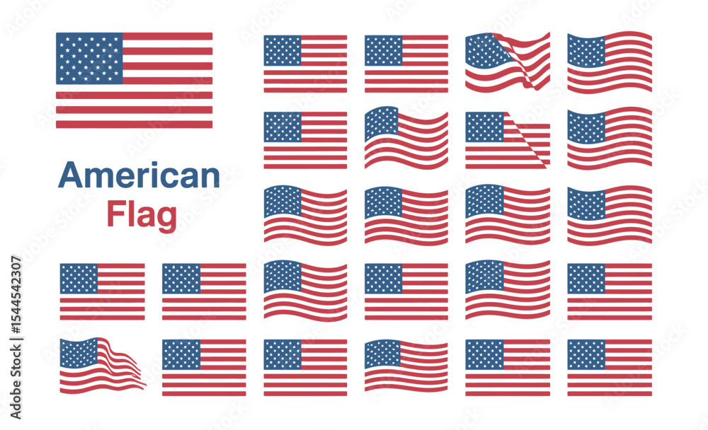 Fototapeta premium Diverse American Flag Vector Set Featuring Classic and Creative Styles in Motion, Ideal for Patriotic Graphics and National Celebrations