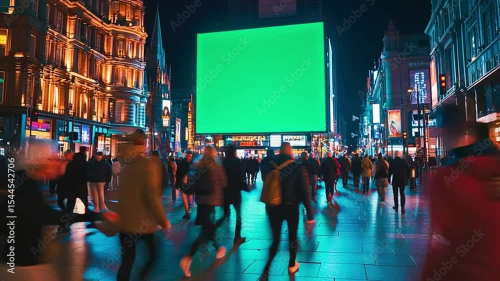 Neon Oasis: People navigate through a bustling city, illuminated by neon lights, creating a mesmerizing contrast. The green screen stands ready to display advertisement 