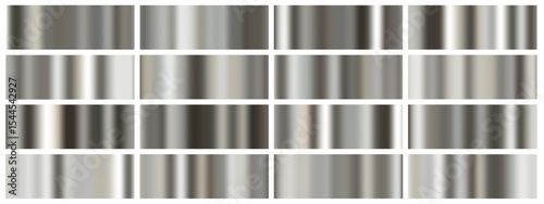 Silver metal foil background with mirror chrome gradient effect. 3d steel plate set for tech design or glossy wallpaper. Platinum sheen surface with hologram line pattern.