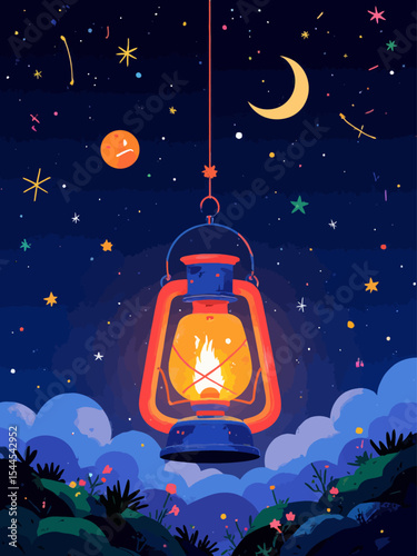  a glowing lantern illuminating a detailed night sky filled with stars and constellations