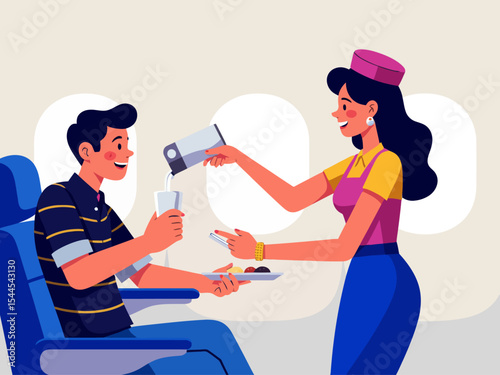 airplane flight attendant pouring drinks for passengers , Stewardess serving drinks and food for a man