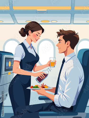 airplane flight attendant pouring drinks for passengers , Stewardess serving drinks and food for a man