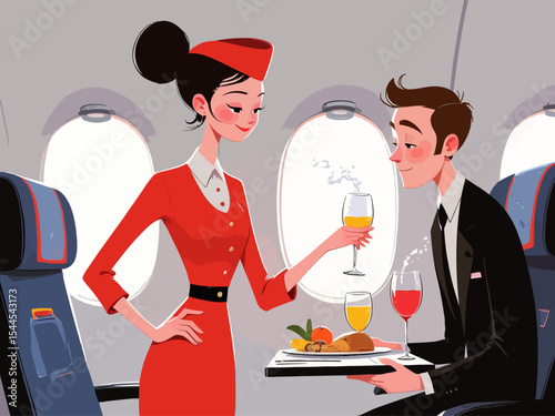 airplane flight attendant pouring drinks for passengers , Stewardess serving drinks and food for a man