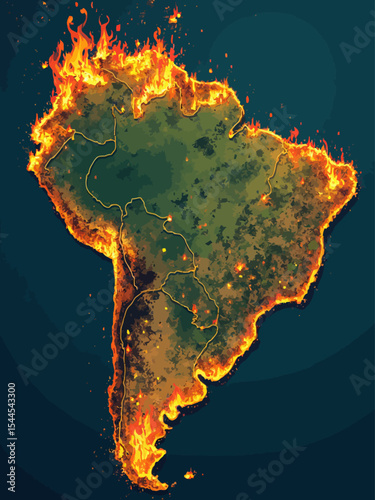 Amazonia rainforest in Brazil is burning the lung of the world deforestation , environment and ecology map shape