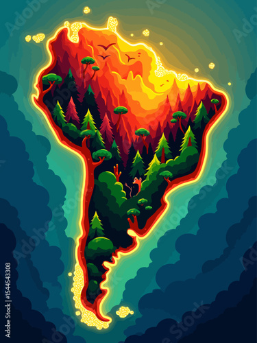 Amazonia rainforest in Brazil is burning the lung of the world deforestation , environment and ecology map shape