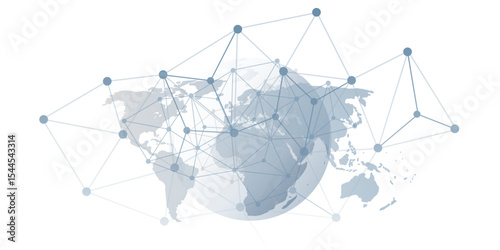 Abstract grey globe with 3d network points and lines connecting continents over a gray world map background. Modern concept for global communication, data transfer, internet and global technology.