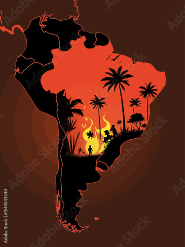 Amazonia rainforest in Brazil is burning the lung of the world deforestation , environment and ecology map shape