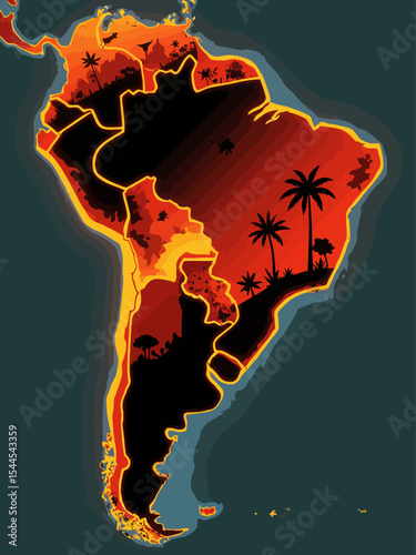 Amazonia rainforest in Brazil is burning the lung of the world deforestation , environment and ecology map shape