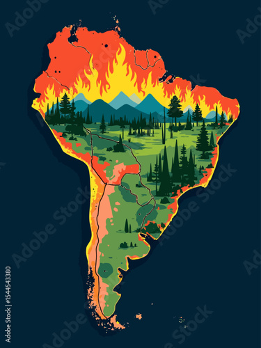 Amazonia rainforest in Brazil is burning the lung of the world deforestation , environment and ecology map shape