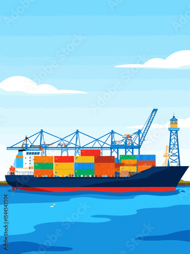 container ship in sea port vector illustration, industrial logistic and transportation, export and import business port, cargo freight ship, light house