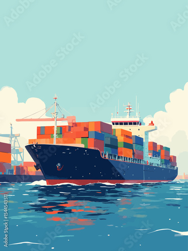 container ship in sea port vector illustration, industrial logistic and transportation, export and import business port, cargo freight ship, light house