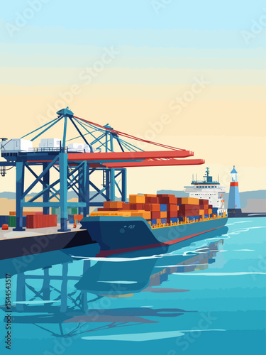 container ship in sea port vector illustration, industrial logistic and transportation, export and import business port, cargo freight ship, light house