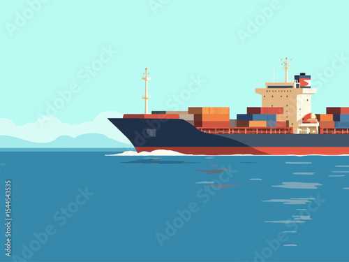 container ship in sea port vector illustration, industrial logistic and transportation, export and import business port, cargo freight ship, light house
