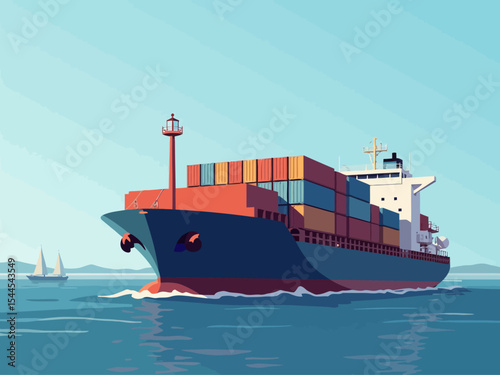 container ship in sea port vector illustration, industrial logistic and transportation, export and import business port, cargo freight ship, light house