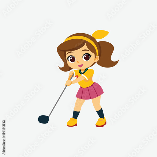 Adorable Girl Golfer Cartoon Illustration of a Young Girl Playing Golf
