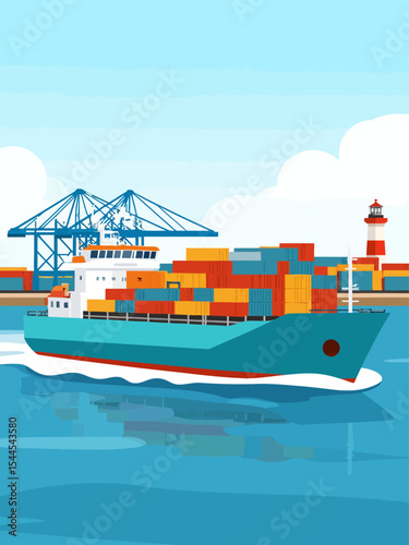 container ship in sea port vector illustration, industrial logistic and transportation, export and import business port, cargo freight ship, light house