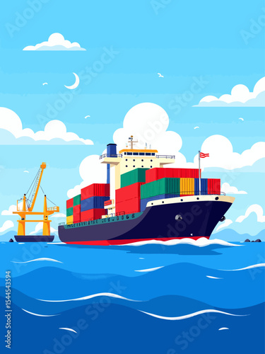 container ship in sea port vector illustration, industrial logistic and transportation, export and import business port, cargo freight ship, light house