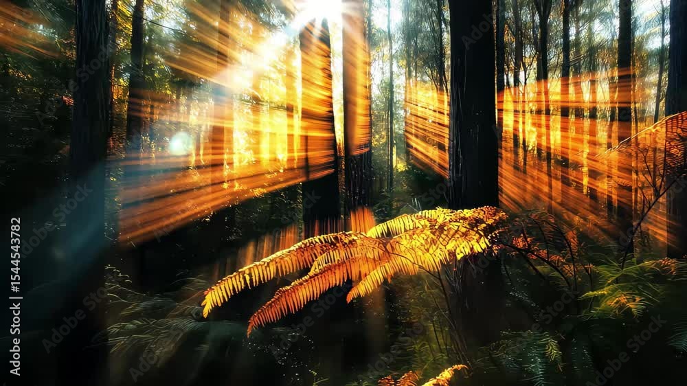 Sunlight streaming through the Tasmanian evergreens at dawn creating a magical forest atmosphere, Sunlight through trees and leaves of Tasmania evergreen rain forest, Australia