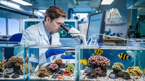 Wallpaper Mural A marine biologist in a lab coat uses a microscope to study samples, with aquariums containing coral and tropical fish in the foreground Torontodigital.ca