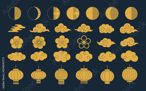 golden chinese elements collection with moon phases, clouds, lanterns, and flowers on dark background for cultural and festive design
