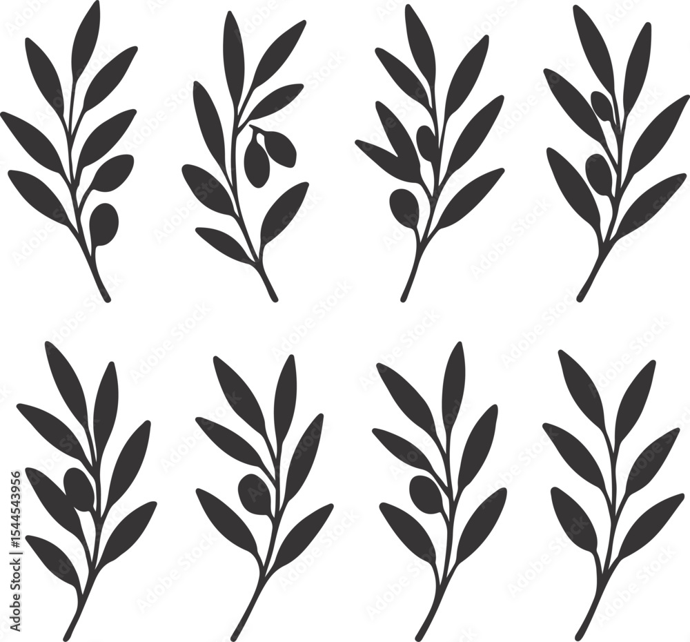 Naklejka premium Elegant Botanical Arrangement of Olive Branches A Set of Simple Dark Decorative Elements for Design Purposes
