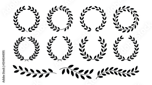 Set of elegant black laurel wreaths and branches in various styles, ideal for award, achievement, vintage heraldry, and decoration designs