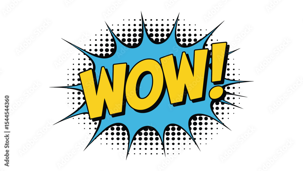 Fototapeta premium comic style “wow!” text with halftone background, blue burst, and retro pop art design for expression or surprise themes