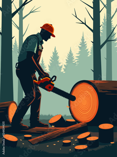 Forest loggers cut wood with a chainsaw vector illustration, felling wood for factory and industrial materials